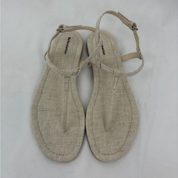 Reformation Cream Linen Thea T-Strap Women's Sandals - Picture 4 of 10